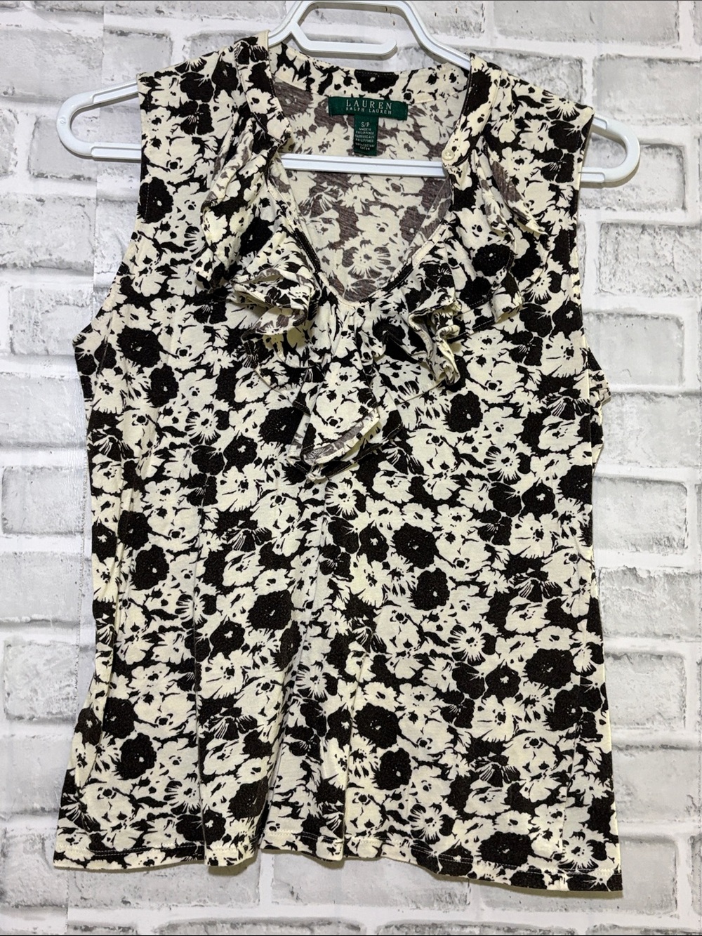Lauren Ralph Lauren Black and Ivory Floral Ruffle Tie Sleeveless Camisole, small